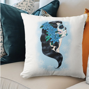 Winter Sugar Skull Blaue Schneeflocken Kissen