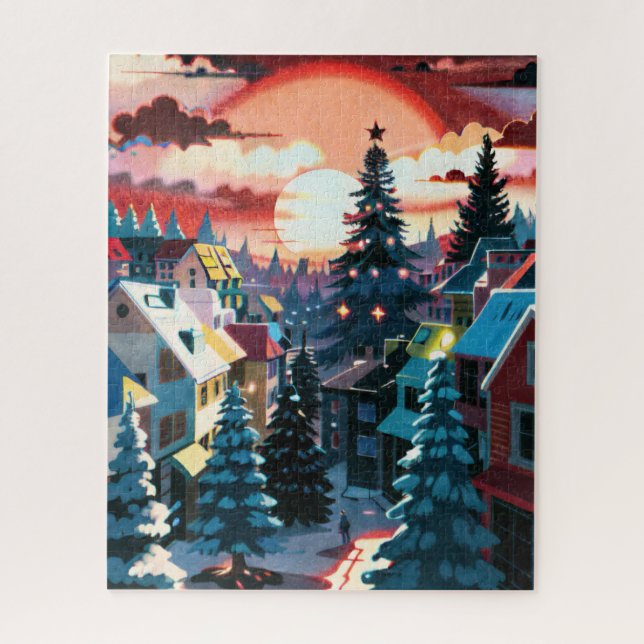 Winter Sunset Village Puzzle (Vertikal)