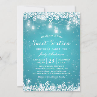Winter Sweet 16 16 Türkisfarbene Schneeflocken Einladung