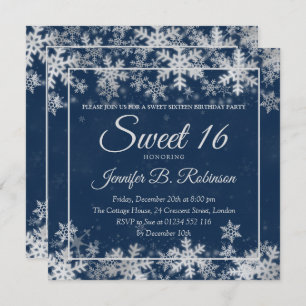 Winter Sweet 16 Geburtstag Silver Navy Schneeflock Einladung