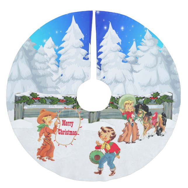 Winter Szene Cowboy Cowgirl Kids Rope Lights Polyester Weihnachtsbaumdecke (Vorderseite)