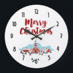 Winter-Szene mit einem roten Kirchen-und Große Wanduhr<br><div class="desc">Eine Uhr mit einem digitalisierten Bild einer gemalten Illustration einer roten Kirche und des Steeple. Glänzenden Unkosten des hellen Weihnachtssternes. Familien heraus im vorderen Ankommen für einen Gottesdienst. Winterschneabdeckungen der Boden und die Erholungen auf niedlichen buschigen Kiefernbäumen. Frohe Weihnachten geschrieben in einen roten trendy Schriftart.</div>