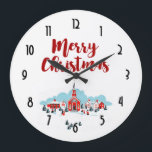 Winter-Szene mit einem roten Kirchen-und Große Wanduhr<br><div class="desc">Eine Uhr mit einem digitalisierten Bild einer gemalten Illustration einer roten Kirche und des Steeple. Glänzenden Unkosten des hellen Weihnachtssternes. Familien heraus im vorderen Ankommen für einen Gottesdienst. Winterschneabdeckungen der Boden und die Erholungen auf niedlichen buschigen Kiefernbäumen. Frohe Weihnachten geschrieben in einen roten trendy Schriftart.</div>