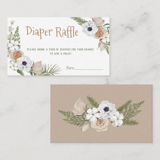 Winter Taupe Floral Diaper Raffle Baby Showspiel Visitenkarte (Vorne/Hinten)