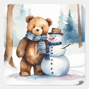 Winter Teddy Bär und Snowman Quadratischer Aufkleber
