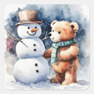 Winter Teddy Bär und Snowman Quadratischer Aufkleber