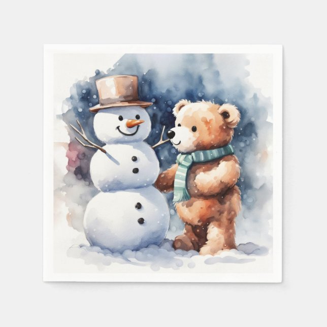 Winter Teddy Bär und Snowman Serviette (Vorderseite)