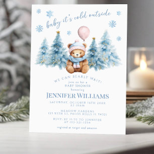 Winter Teddy Bear Pine Trees Baby Girl Dusche Einladung