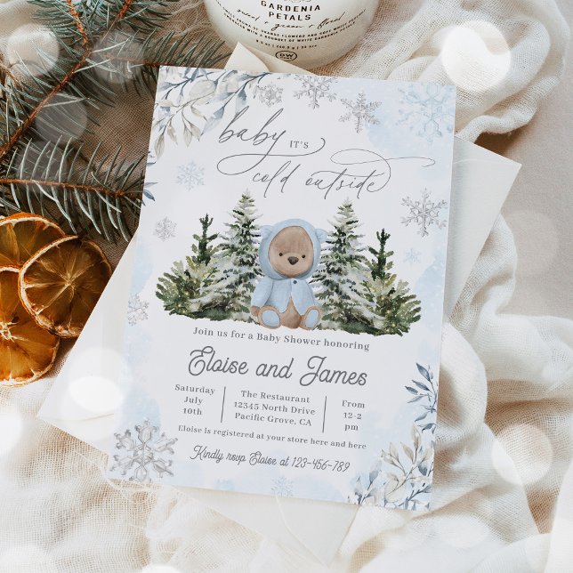 Winter Teddy Bear Snowflakes Blue Boy Baby Dusche Einladung (Von Creator hochgeladen)