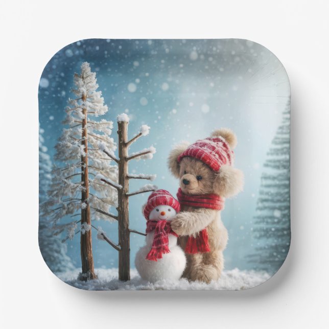 Winter Teddy Bear und Snowman Pappteller (Vorderseite)