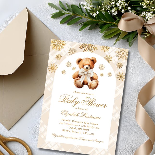 Winter-Teddybär-Babyshower im Urlaub Einladung (Classic Teddy Bear Ivory Plaid Preppy Baby Shower Invitation)