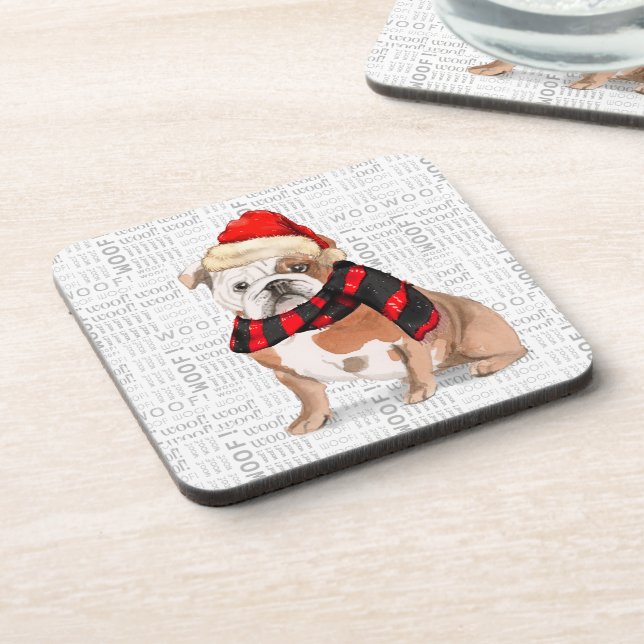 Winter Theme English Bulldog Woof Word Art Getränkeuntersetzer (Linke Seite)