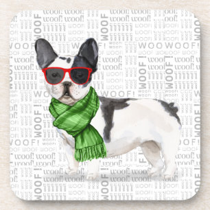 Winter Themed Boston Terrier with Woof Word Art Getränkeuntersetzer