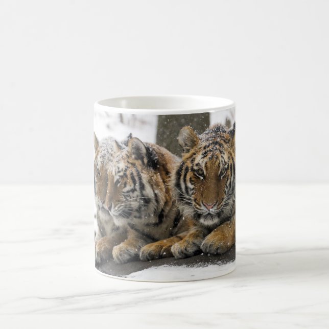 Winter-Tiger-Umarmung im Schnee Kaffeetasse (Mittel)