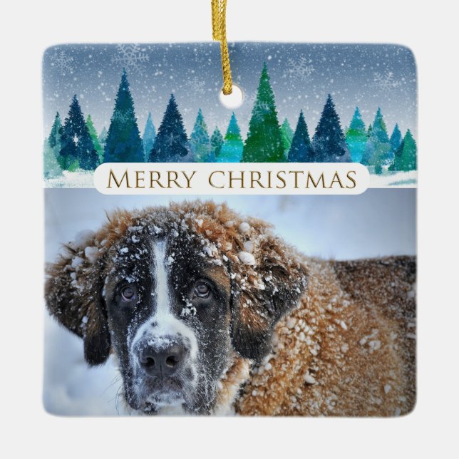 Winter Trees Custom Dog Foto Frohe Weihnachten Keramikornament (Vorderseite)