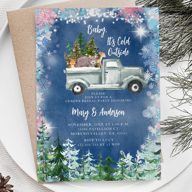 Winter Truck Animal Snowflakes Gender Reveal Einladung (Von Creator hochgeladen)