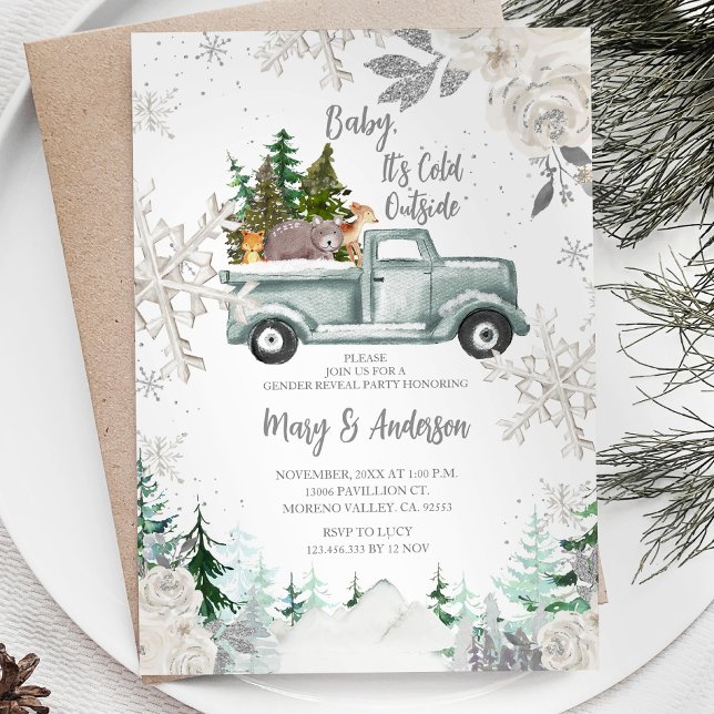 Winter Truck Animal White Floral Gender Reveal Einladung (Von Creator hochgeladen)