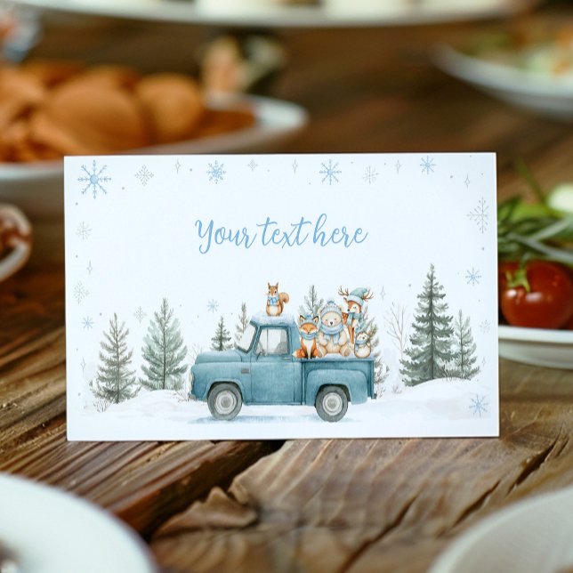 Winter Truck Woodland Animals Birthday Food Tent Platzkarte (Von Creator hochgeladen)