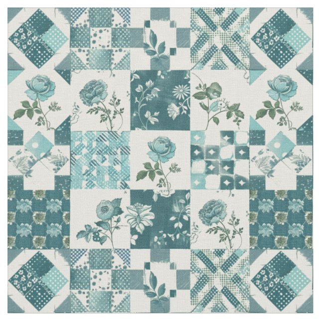 Winter Türkis Blau Patchwork Vintage Quilt Stoff (Nahaufnahme)