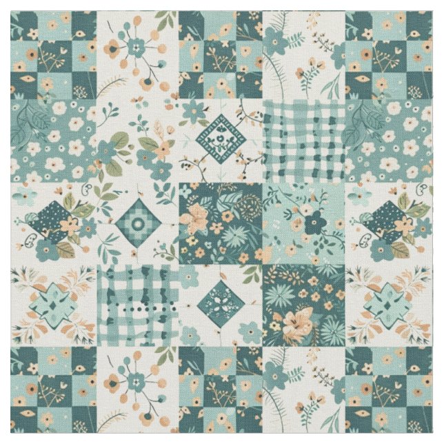 Winter Türkis Blau Patchwork Vintage Quilt Stoff (Nahaufnahme)