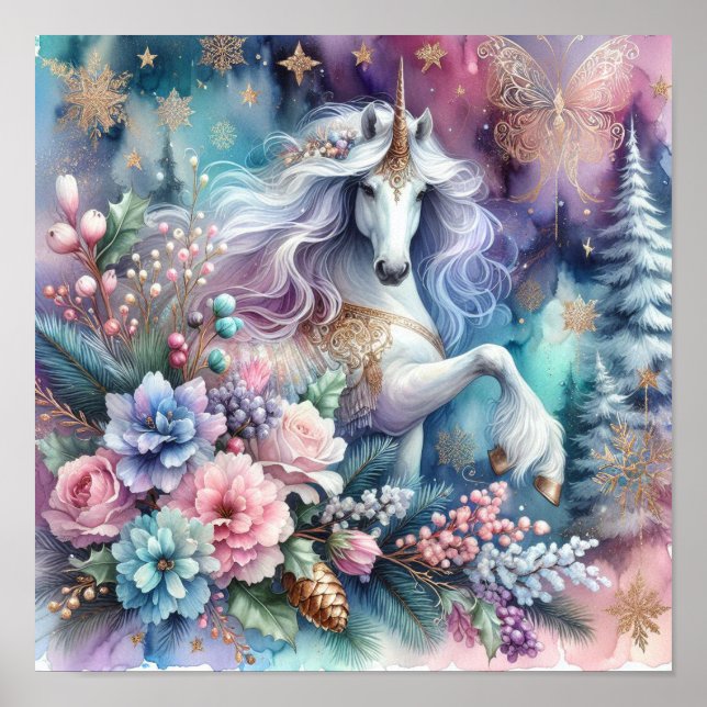 Winter Unicorn Magische Szene 4 Poster (Vorne)
