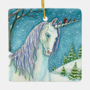 WINTER UNICORN UND VÖGEL, FRIEDLICHER SCHNEEFANTAS KERAMIKORNAMENT