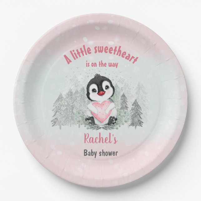 Winter Valentines Pinguin Girl Babydusche Pappteller (Vorderseite)