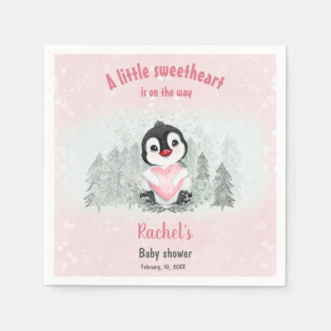 Winter Valentines Pinguin Girl Babydusche Serviette (Vorderseite)