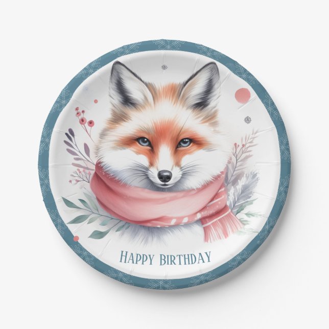 Winter Vibes Fox mit Scarf Geburtstag Pappteller (Vorderseite)