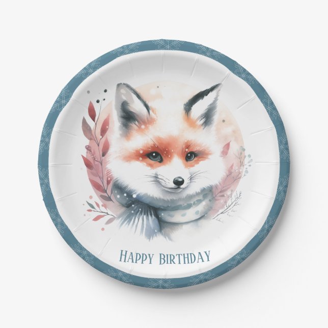 Winter Vibes Fox mit Scarf Geburtstag Pappteller (Vorderseite)