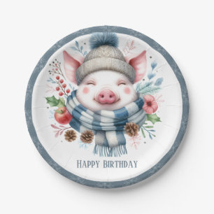 Winter Vibes Pig Scarf und Hat - Geburtstag Pappteller
