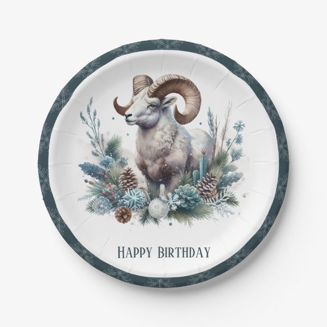 Winter Vibes Rocky Mountain Bighorn Sheep Geburtst Pappteller (Vorderseite)