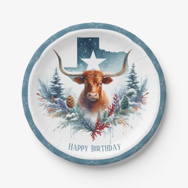 Winter Vibes Texas Longhorn Geburtstag Pappteller (Vorderseite)