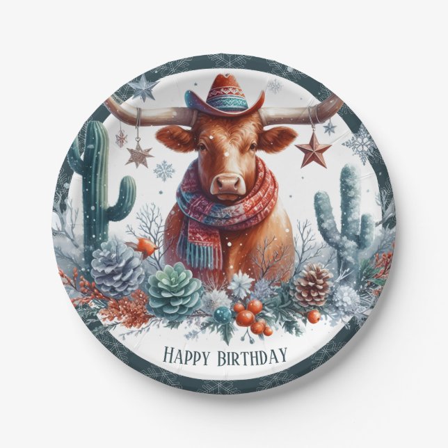 Winter Vibes Texas Longhorn Geburtstag Pappteller (Vorderseite)