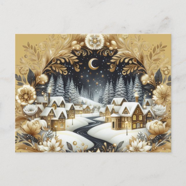 Winter village gold & black design postcard postkarte (Vorderseite)