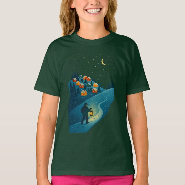Winter Village Lantern Walk Night Scene Girls' T-S T-Shirt (Vorderseite)