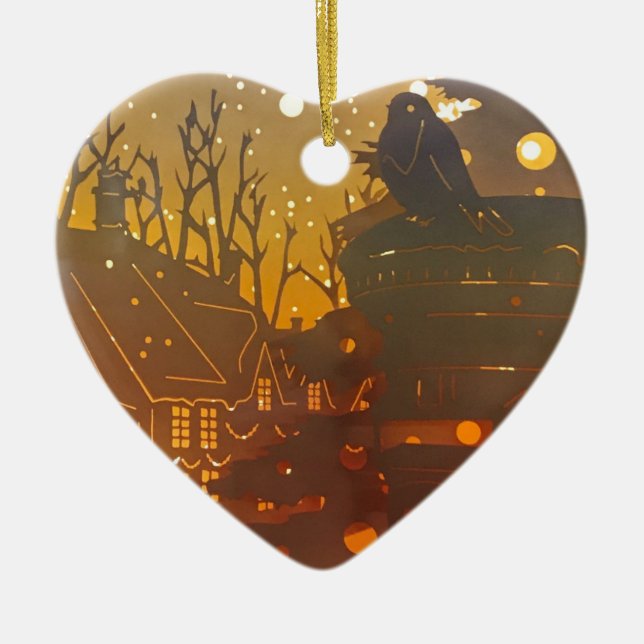 Winter village night time scene keramik ornament (Vorne)