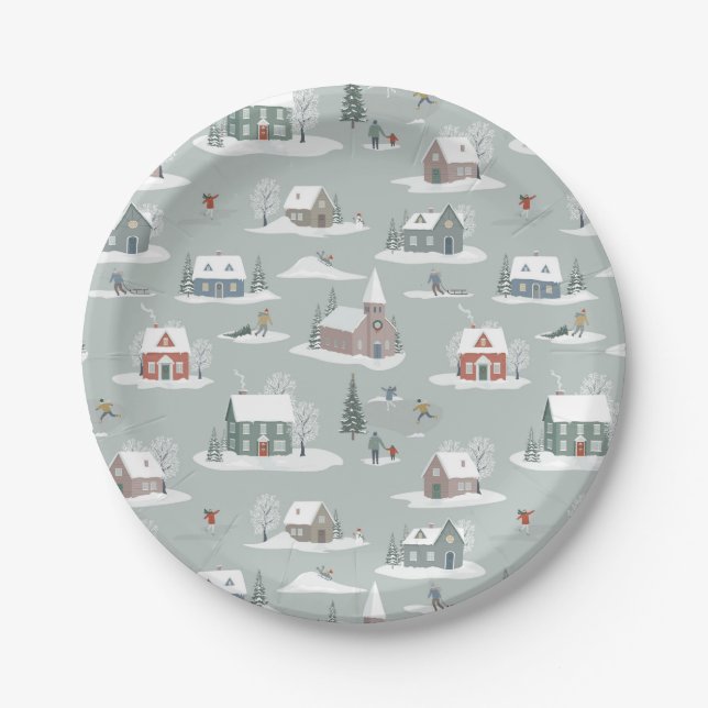 Winter Village Snow Scene Muster Pappteller (Vorderseite)