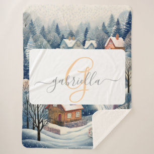Winter Village Szene mit Monogramm und Name Sherpadecke