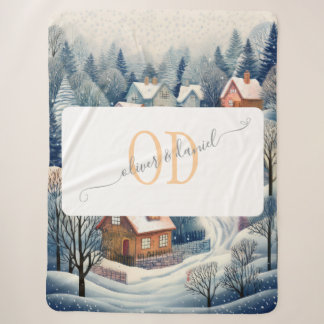 Winter Village Szene mit Namen & Monogram Sherpadecke