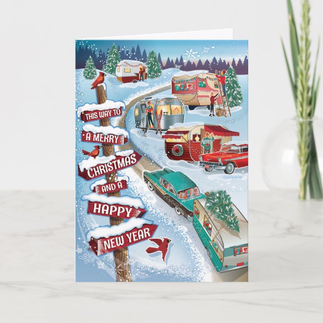 Winter Vintage Camper Retro Weihnachtskarten Feiertagskarte (Vorderseite)
