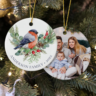 Winter-Vogel-Weihnachten-Dompfaff-Familienfoto Keramik Ornament