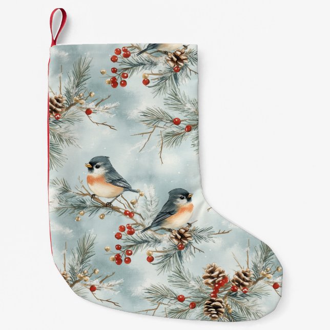 Winter-Vogelmuster mit Pinecones und Schnee Kleiner Weihnachtsstrumpf (Vorderseite)