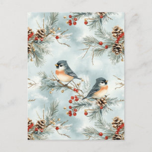 Winter-Vogelmuster mit Pinecones und Schnee Postkarte