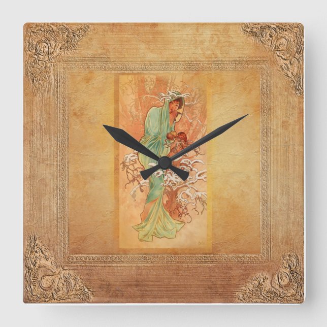 Winter von Alphonse Mucha Quadratische Wanduhr (Vorderseite)