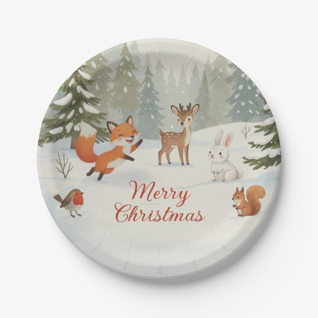 Winter-Wald Frohe Weihnachten Waldtiere Pappteller (Vorderseite)
