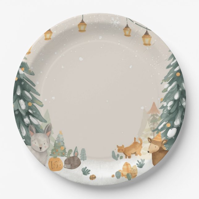 Winter-Wald-Papierteller – Schneeige Kiefern Pappteller (Vorderseite)