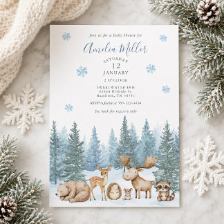Winter-Wald-Waldtiere-Baby-Party Einladung
