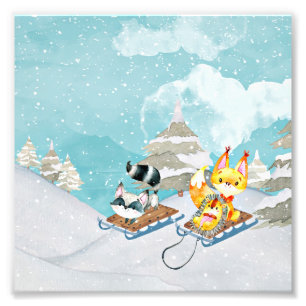 Winter-Waldfreunde - Fox Igel Illustration Fotodruck