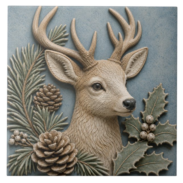 Winter-Waldhirsch mit Stechpalme und Pinienzapfen Fliese (Vorderseite)